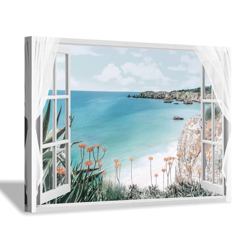 Hardy Gallery Window Canvas Art Sea Picture: Open Window into Blue Ocean with Beach Wall Art Coastal Artwork for Bedroom (36'' x 24'' x 1 Panel) - Image 1
